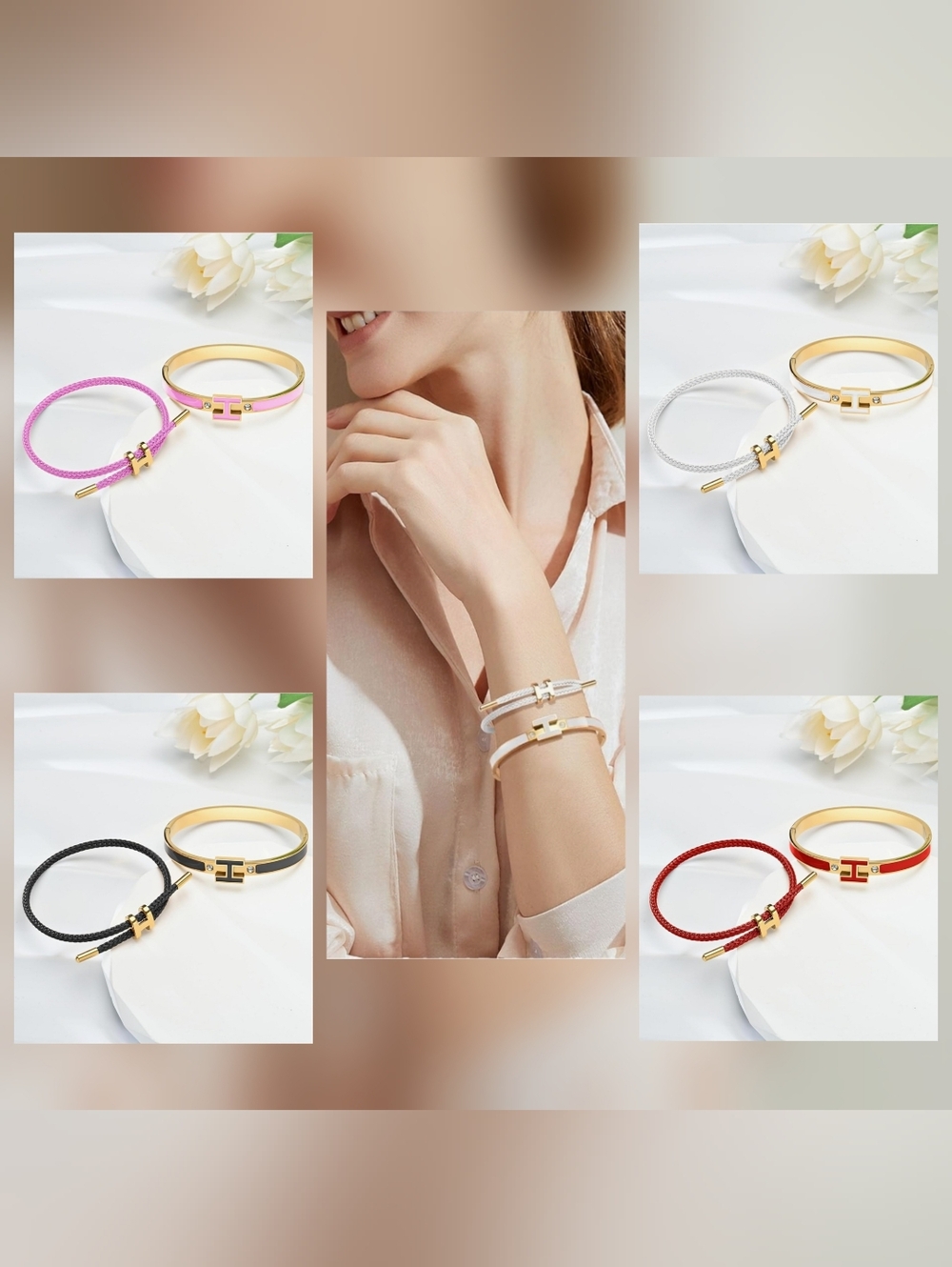 Sale🎉 2pcs 18K Gold Plated Bracelets Set H Bangle and H Wire Rope Bracelet Set